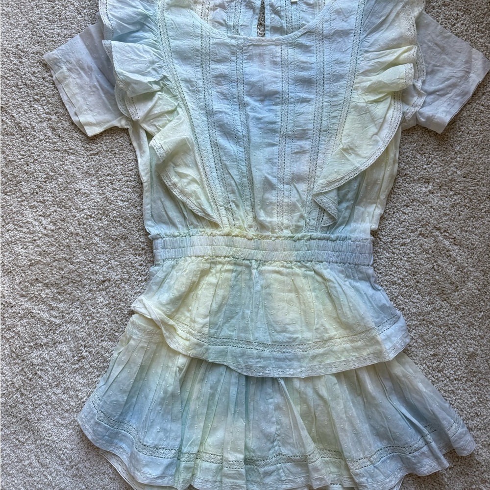 LoveShackFancy Kids Ruffled Blouse in Soft Blue and Green